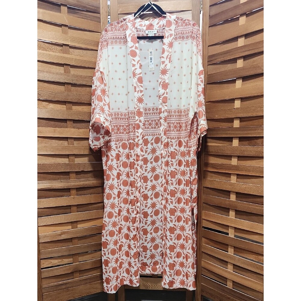 Ariat White Orange Paige Duster Senora Border Print Kimono Blouse Women XL / XXL